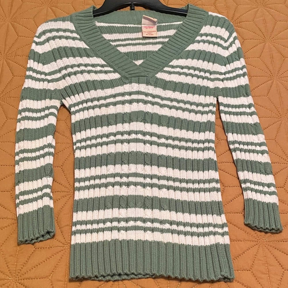 Faded Glory V-Neck Sweater - Green and White Stripes